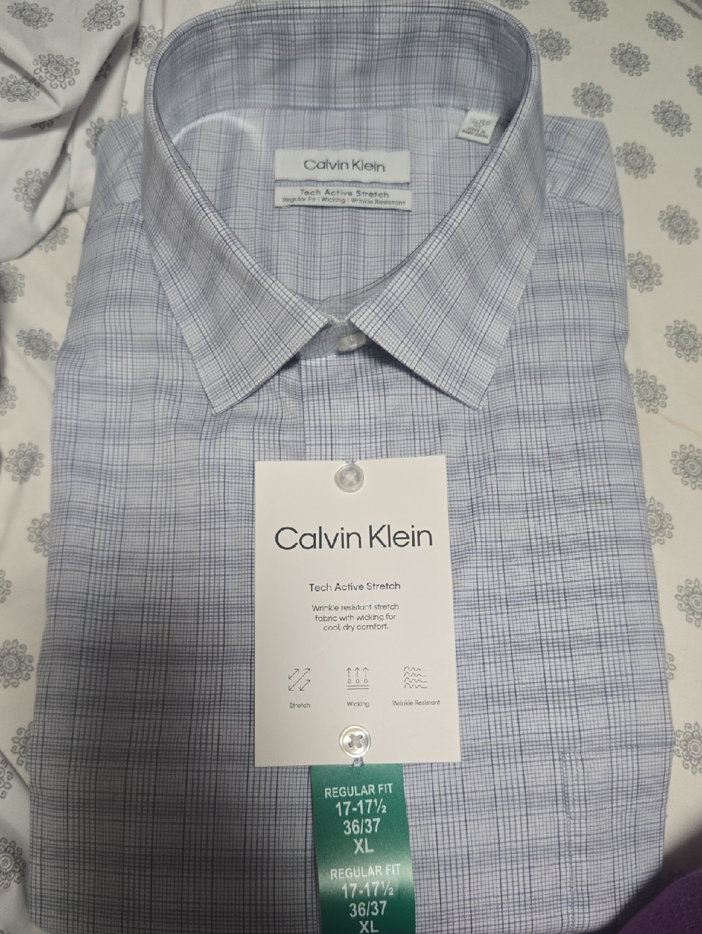 Calvin Klein Men’s Long Sleeve Light Blue Micro-Check Dress Shirt